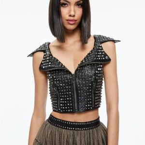 Alice + Olivia digna studded moto top